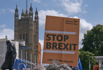 Image courtesy of Keith Selmes Lib Dem Stop Brexit placard in Westminster